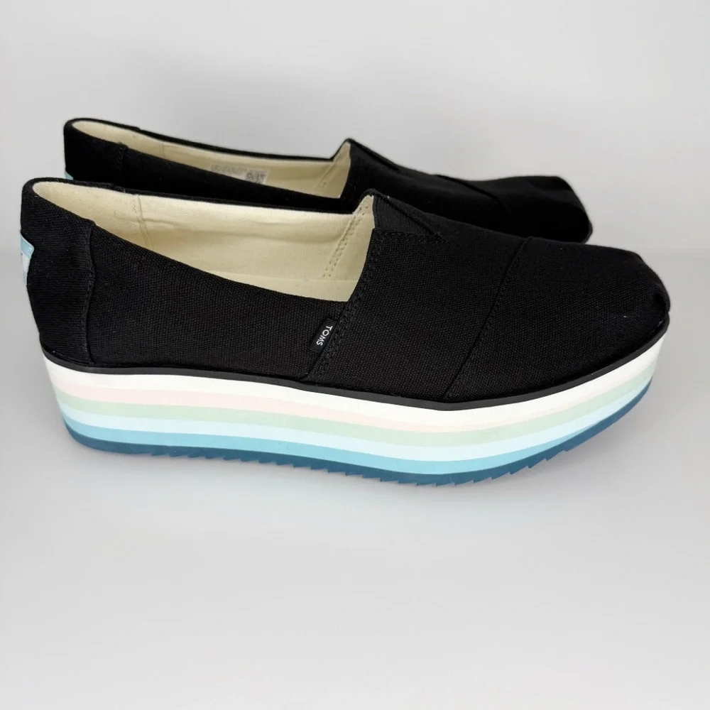 Toms Black, Blue & White Stripe Platform Slip On Shoes Women’s Size 10